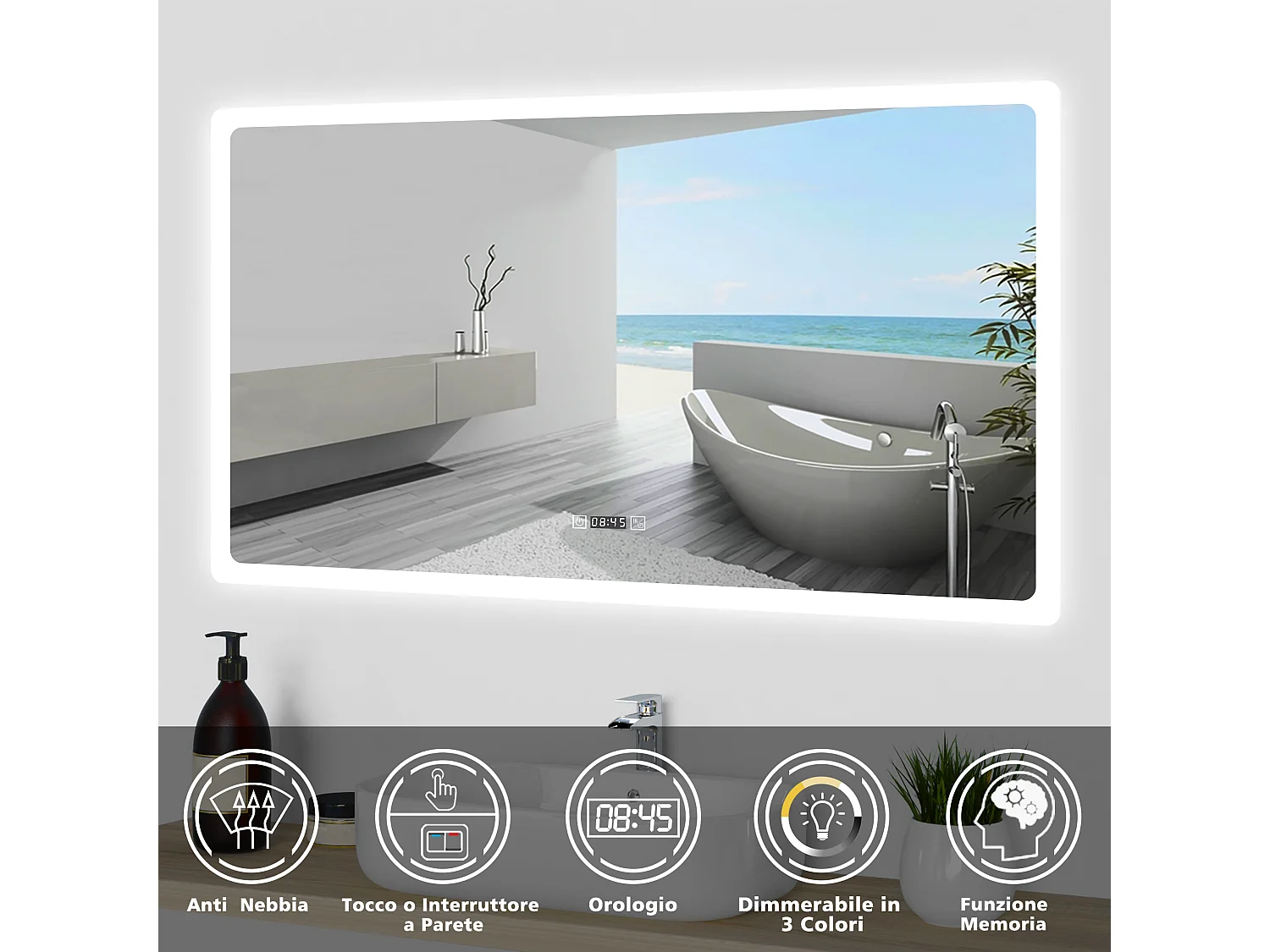Aica Specchio da bagno a LED, 120x70cm, orologio, Disappannamento, 3 Temperature di Colore
