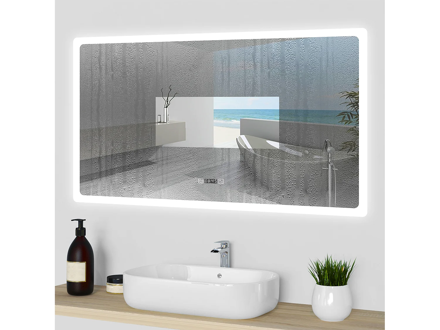 Aica Specchio da bagno a LED, 120x70cm, orologio, Disappannamento, 3 Temperature di Colore