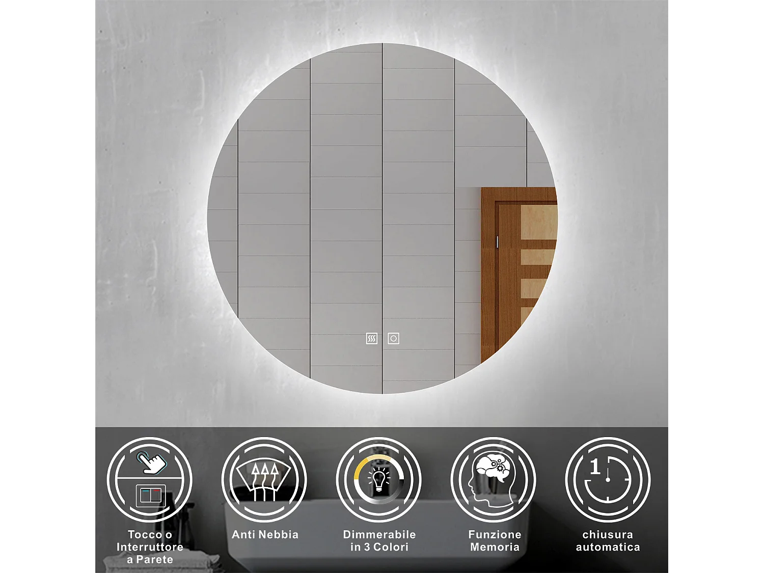 AICA Specchio da bagno rotondo con LED,Diametro 90cm,3 Temperature di Colore,Disappannamento,Moderno,Funzione Memoria