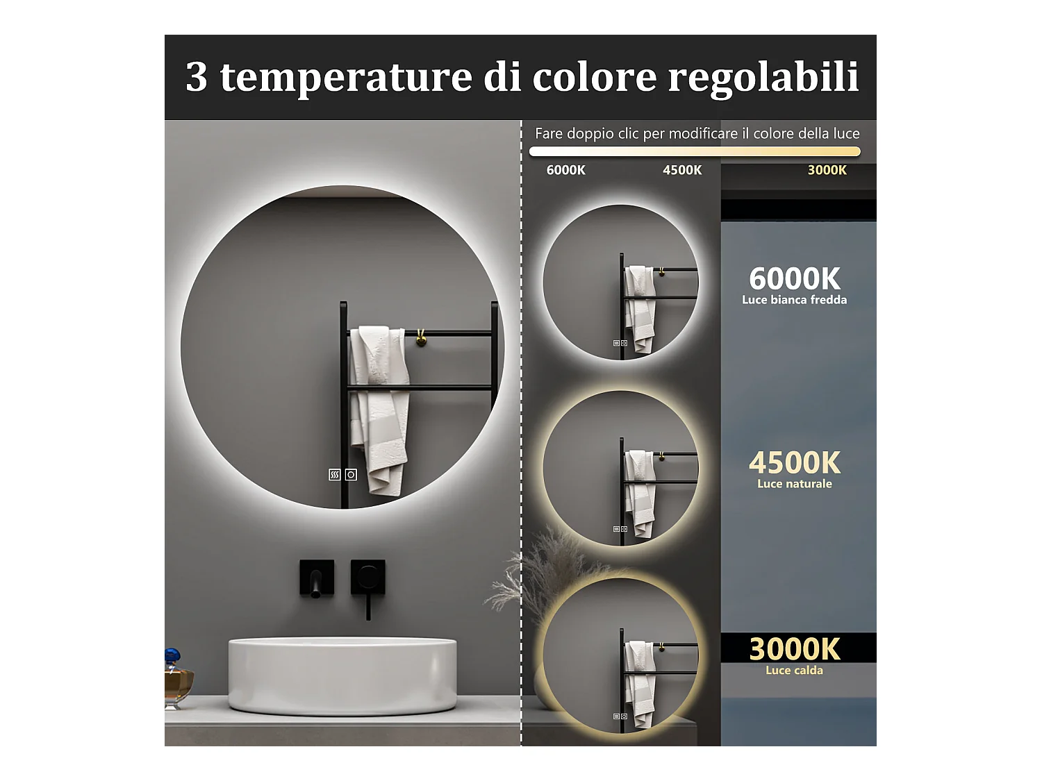 Aica 60x60cm Specchio da bagno a LED, 3 Temperature di Colore, Disappannamento, Retroilluminato