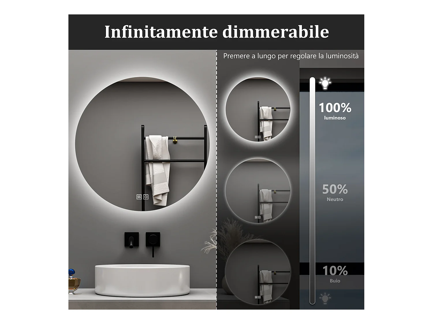 Aica 60x60cm Specchio da bagno a LED, 3 Temperature di Colore, Disappannamento, Retroilluminato