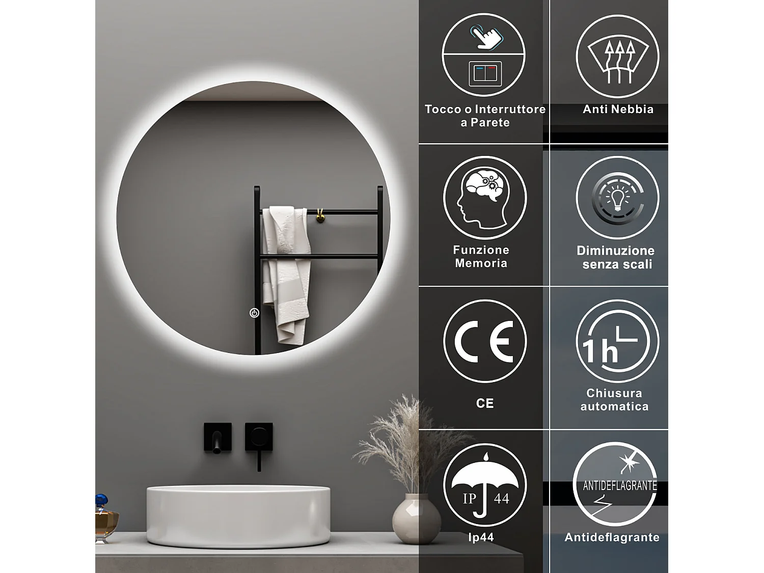 Aica 60x60cm Specchio da bagno a LED, Disappannamento, Funzione Memoria, Estetica Elegante