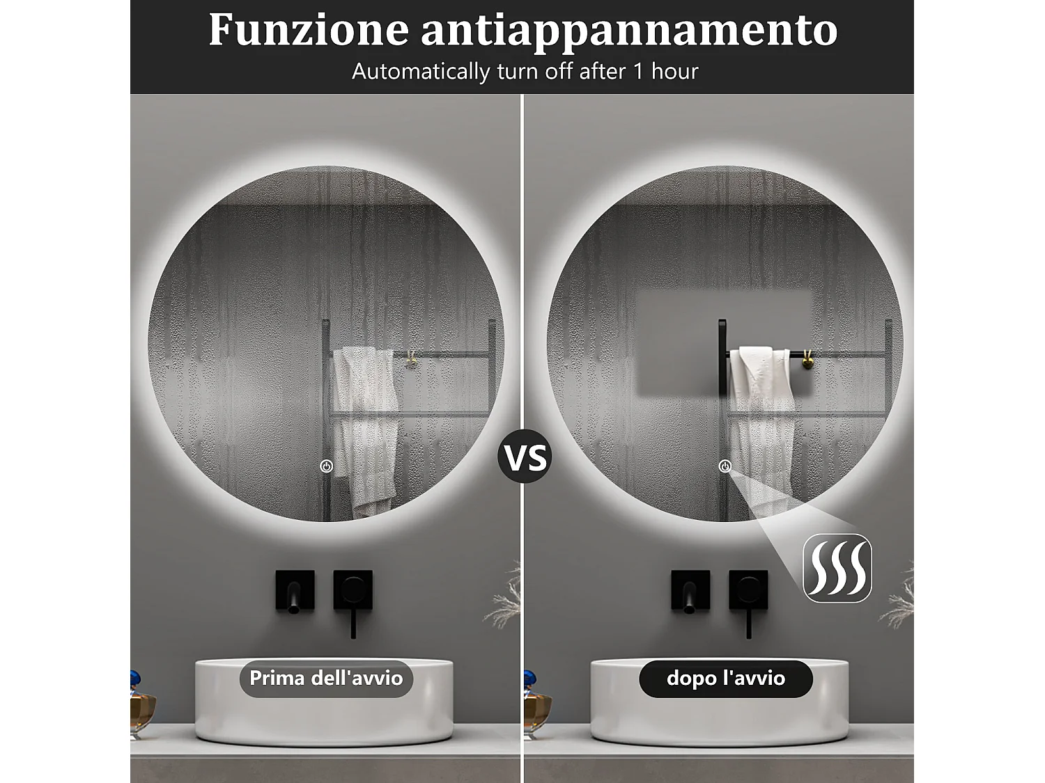 Aica 60x60cm Specchio da bagno a LED, Disappannamento, Funzione Memoria, Estetica Elegante