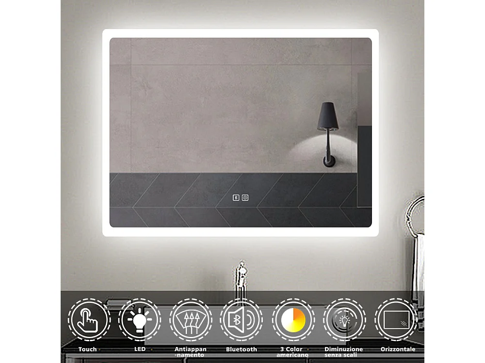 AICA Specchio da bagno 70x50cm rettangolare con LED,Bluetooth,3 Temperature di Colore,Disappannamento,Infinitamente Dimmerabile