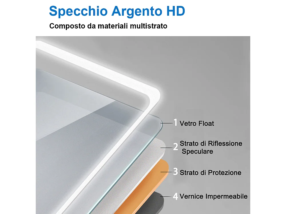 AICA Specchio da bagno 70x50cm rettangolare con LED,Bluetooth,3 Temperature di Colore,Disappannamento,Infinitamente Dimmerabile