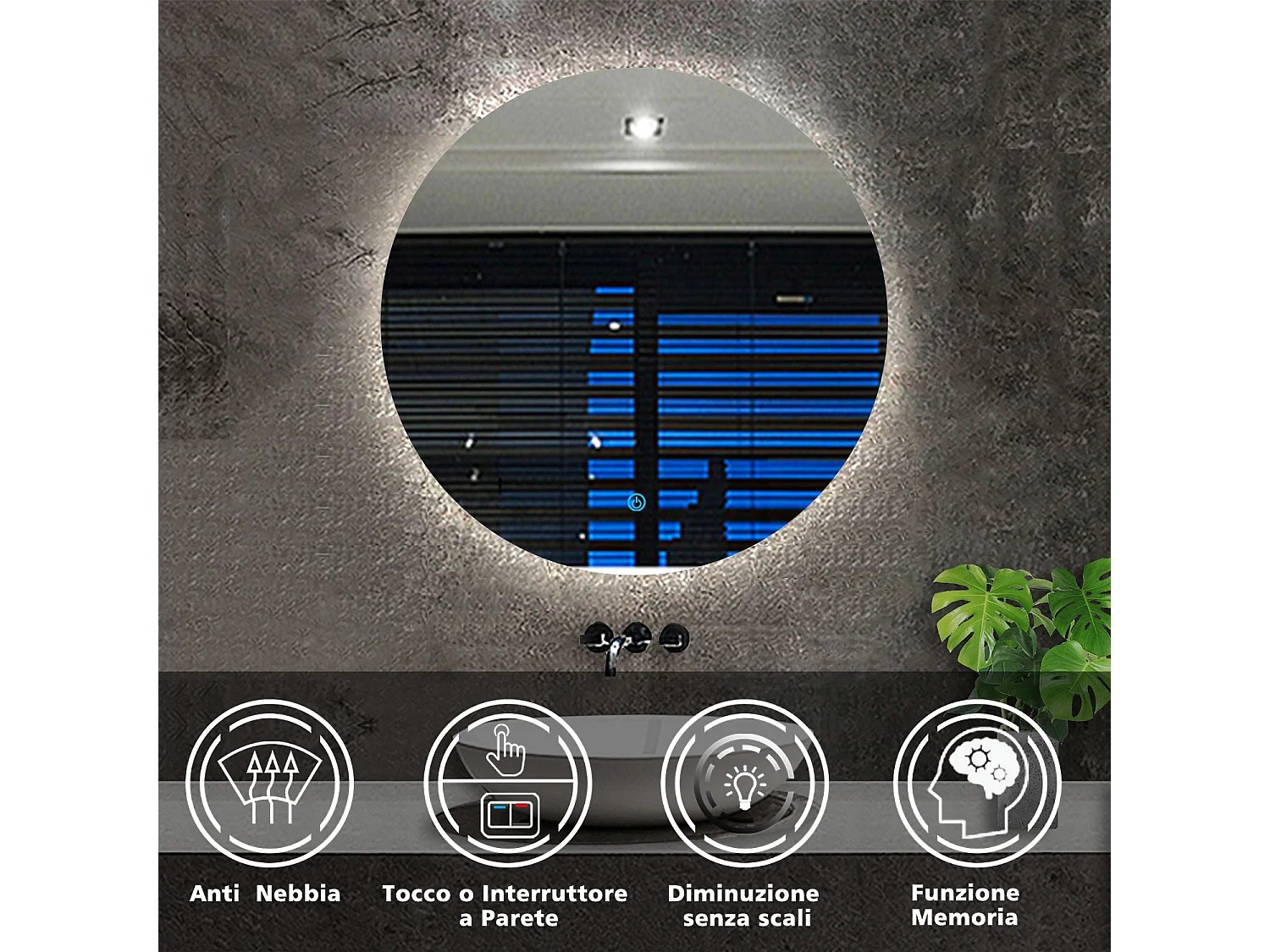 AICA Specchio da bagno rotondo con LED,Diametro 90cm,Disappannamento,Touch control,Retroilluminato,Funzione Memoria