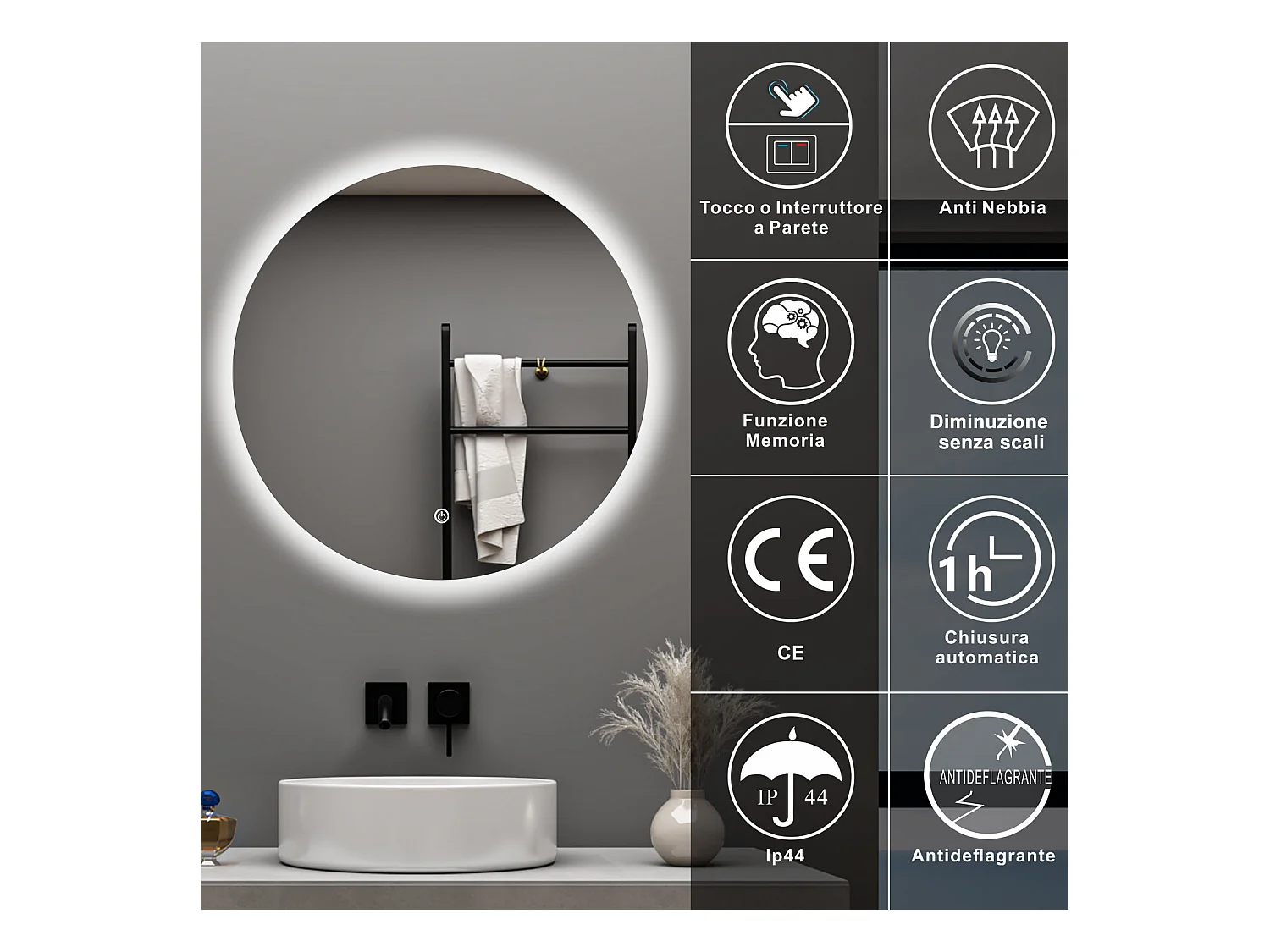 Aica 80x80cm Specchio da bagno a LED, Disappannamento, Funzione Memoria, Estetica Elegante