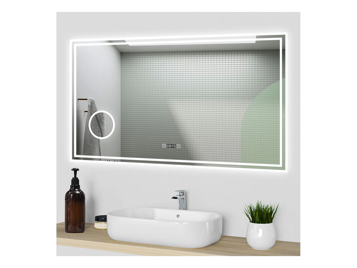 Aica Specchio da bagno a LED, 120x70cm, orologio, Lente d'ingrandimento