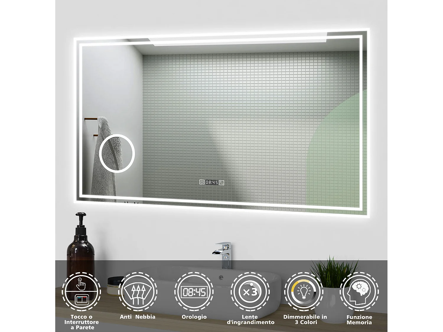 Aica Specchio da bagno a LED, 120x70cm, orologio, Lente d'ingrandimento