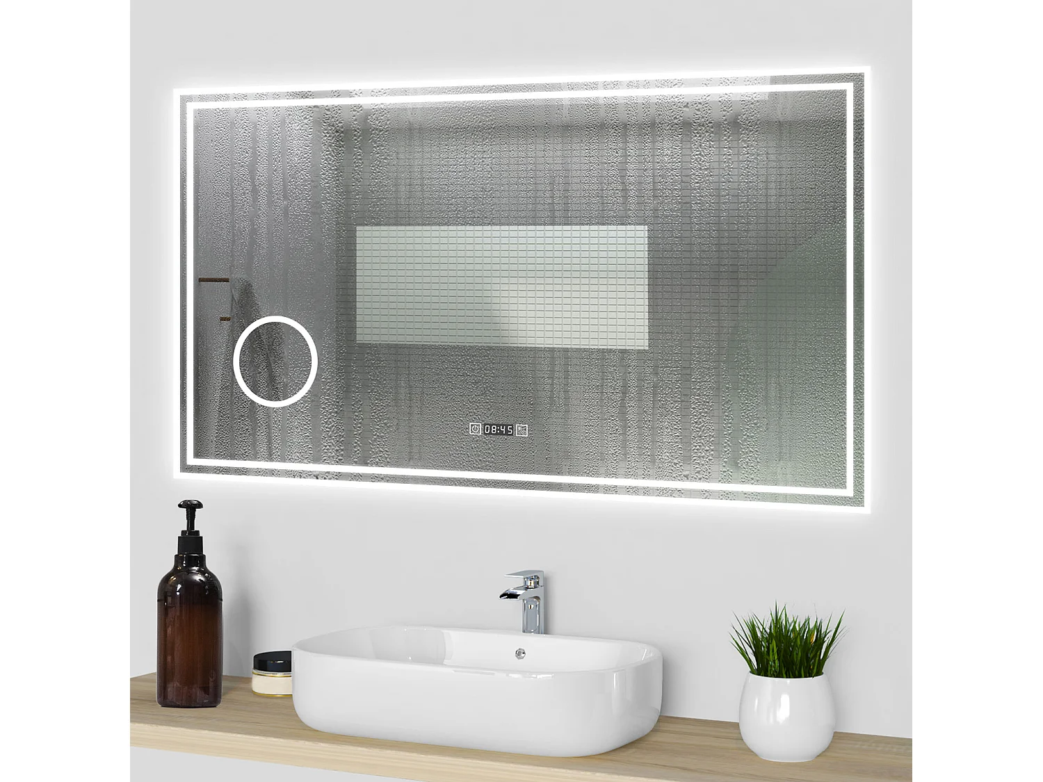 Aica Specchio da bagno a LED, 120x70cm, orologio, Lente d'ingrandimento