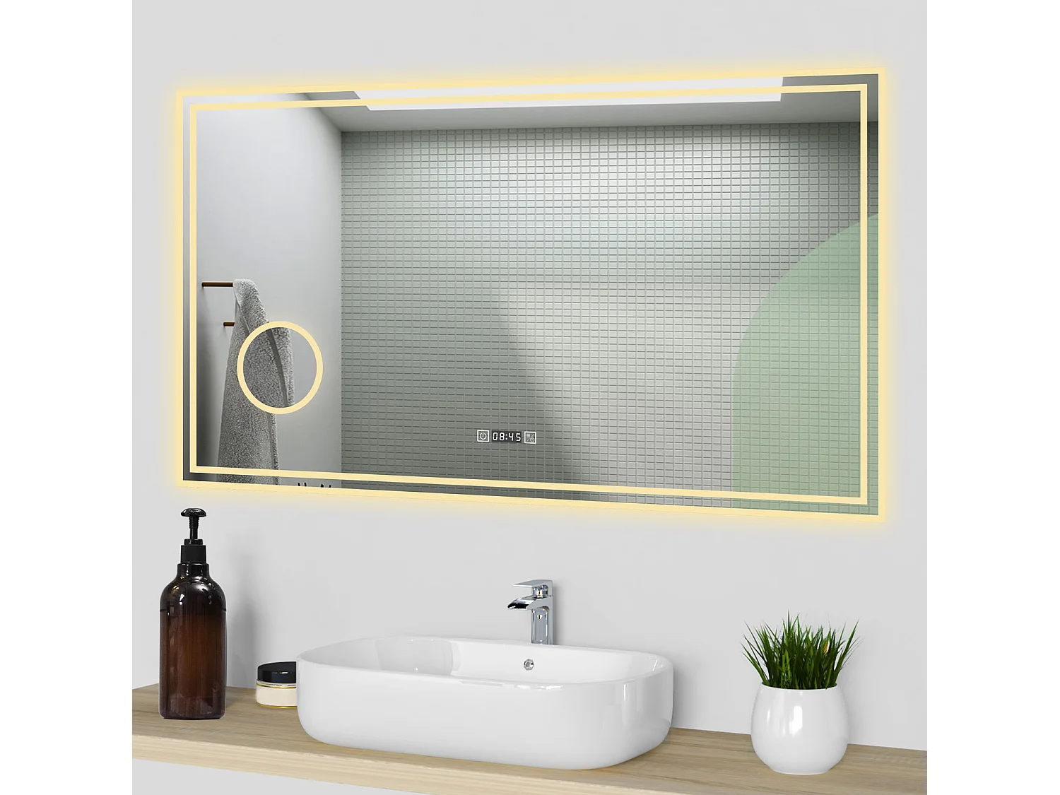 Aica Specchio da bagno a LED, 120x70cm, orologio, Lente d'ingrandimento