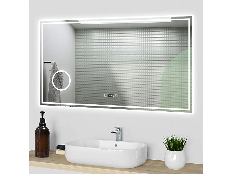 Aica Specchio da bagno a LED, 120x70cm, orologio, Lente d'ingrandimento