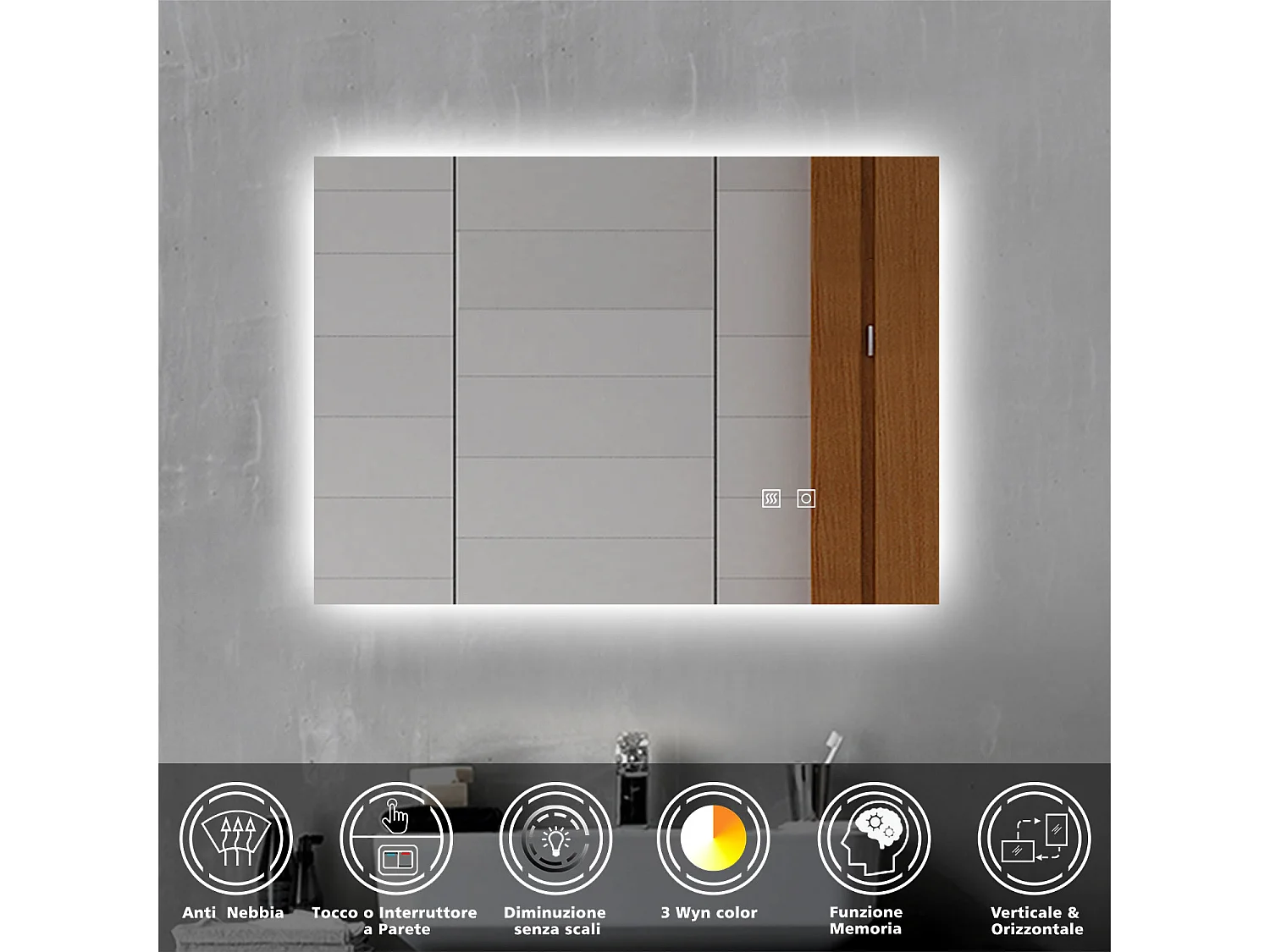 Aica Specchio da bagno a LED, 80x60cm, 3 Temperature di Colore, Disappannamento, Funzione Memoria, Infinitamente Dimmerabile