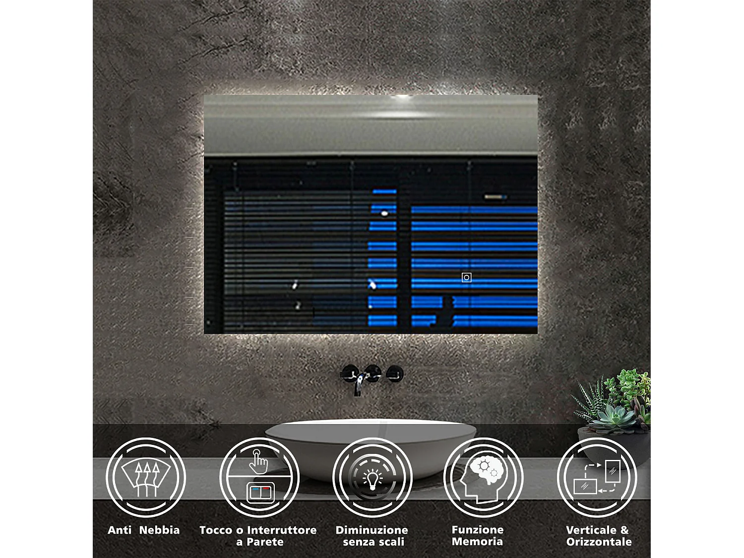 AICA Specchio da bagno rettangolare con LED,90x70cm,Disappannamento,Touch control,Retroilluminato,Funzione Memoria