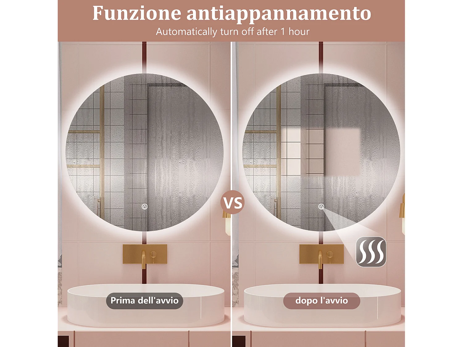 Aica 60x60cm Specchio da bagno a LED, Disappannamento, Funzione Memoria, Estetica Elegante