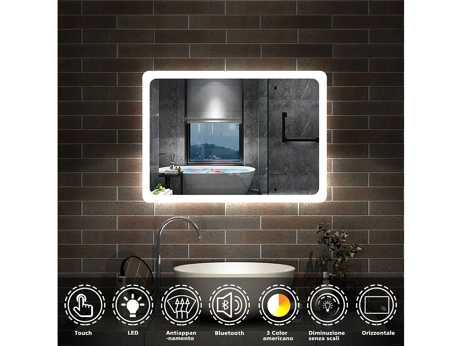 Aica Specchio da bagno a LED, 70x50cm, Bluetooth, 3 Temperature di Colore