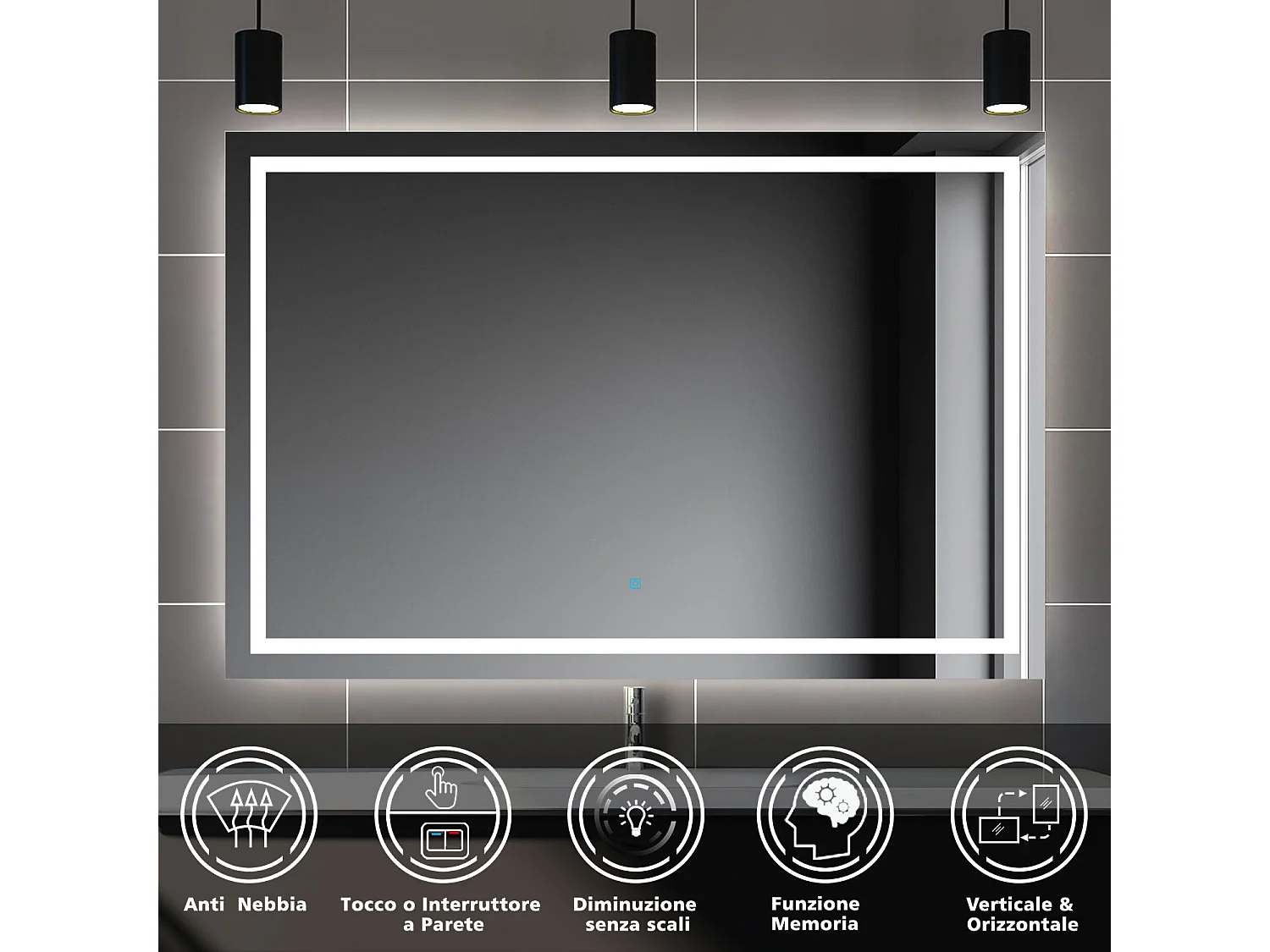 AICA Specchio da bagno rettangolare con LED,120x80cm,Disappannamento,Funzione Memoria,Infinitamente Dimmerabile,IP44
