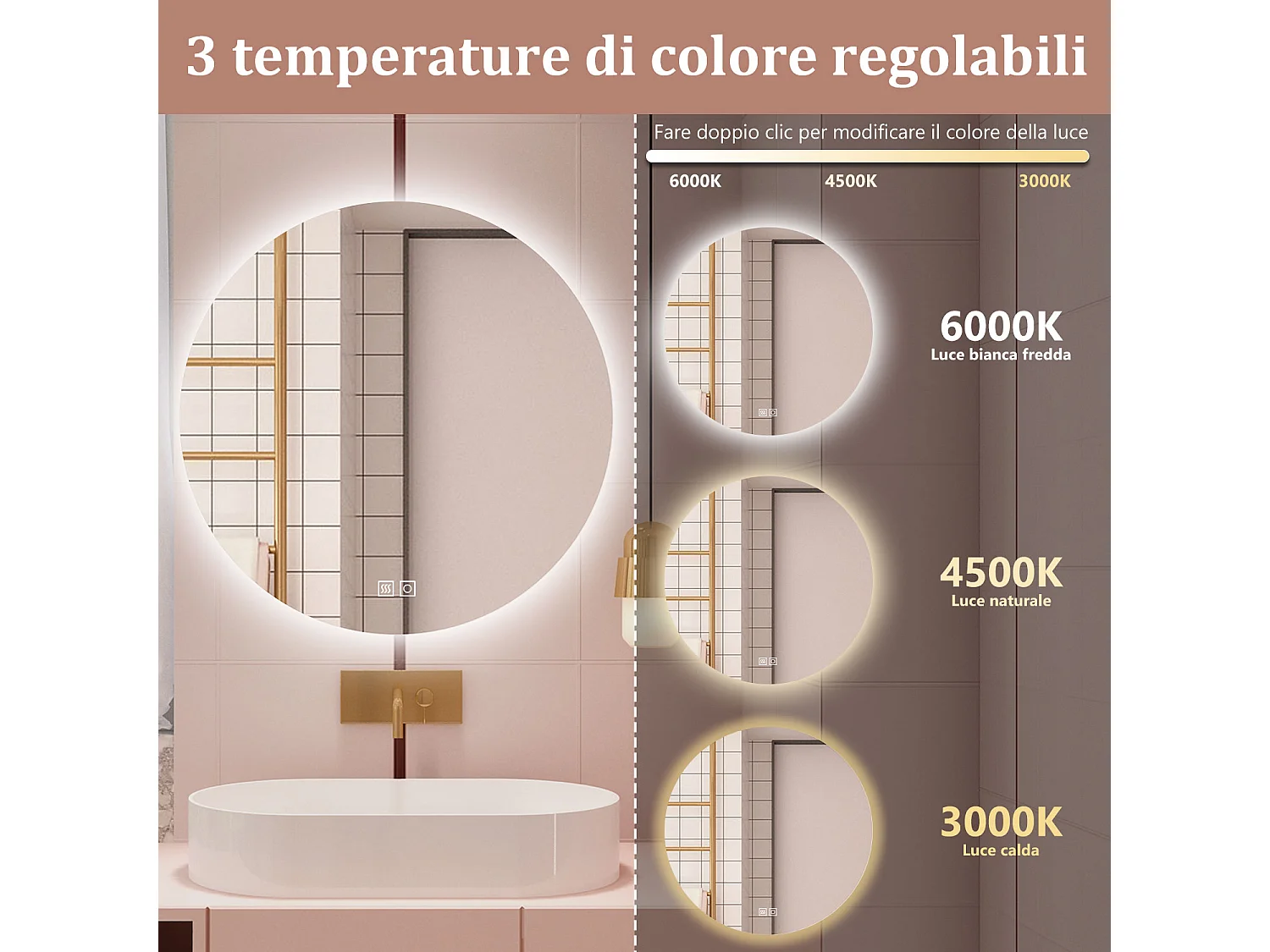 Aica 90x90cm Specchio da bagno a LED, 3 Temperature di Colore, Disappannamento, Retroilluminato
