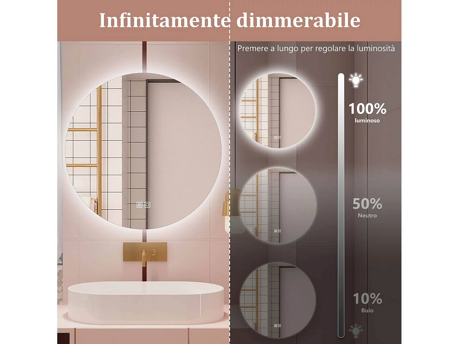 Aica 90x90cm Specchio da bagno a LED, 3 Temperature di Colore, Disappannamento, Retroilluminato