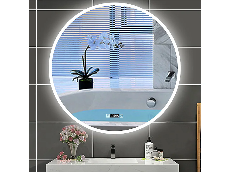 AICA Specchio da bagno rotondo con LED,Diametro 80cm,orologio,3 Temperature di Colore,Disappannamento,Infinitamente Dimmerabile