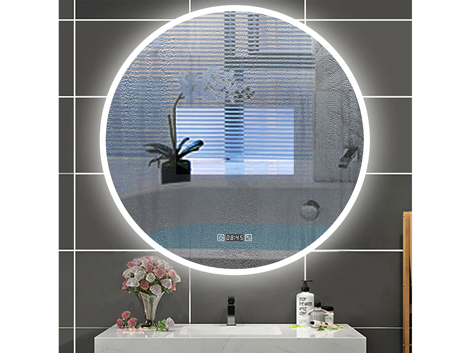 AICA Specchio da bagno rotondo con LED,Diametro 80cm,orologio,3 Temperature di Colore,Disappannamento,Infinitamente Dimmerabile