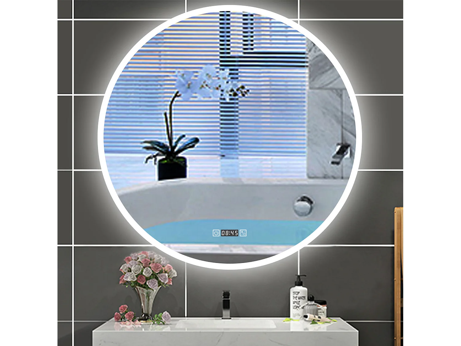AICA Specchio da bagno rotondo con LED,Diametro 80cm,orologio,3 Temperature di Colore,Disappannamento,Infinitamente Dimmerabile