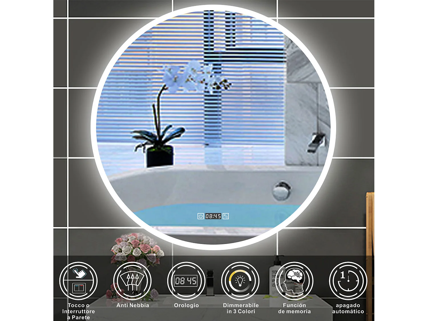 AICA Specchio da bagno rotondo con LED,Diametro 80cm,orologio,3 Temperature di Colore,Disappannamento,Infinitamente Dimmerabile