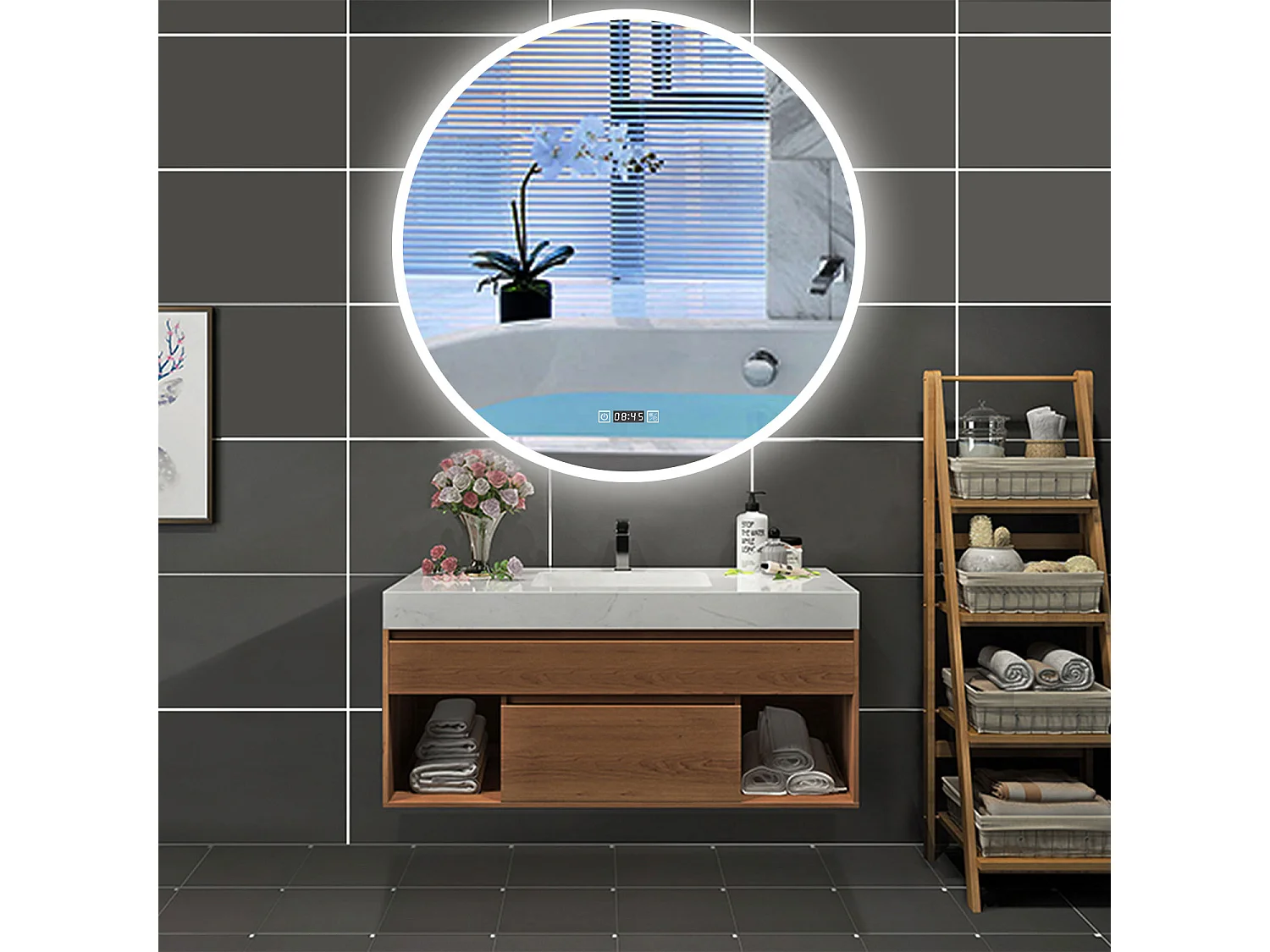 AICA Specchio da bagno rotondo con LED,Diametro 80cm,orologio,3 Temperature di Colore,Disappannamento,Infinitamente Dimmerabile