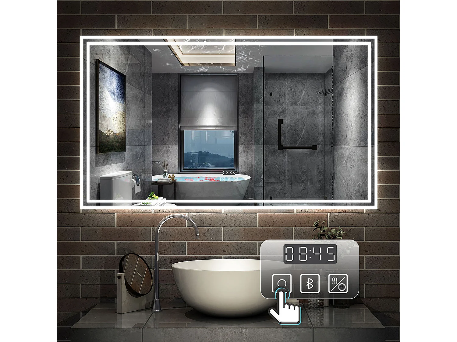 Aica Specchio da bagno a LED, 140x80cm, Disappannamento, orologio, Bluetooth, 3 Temperature di Colore