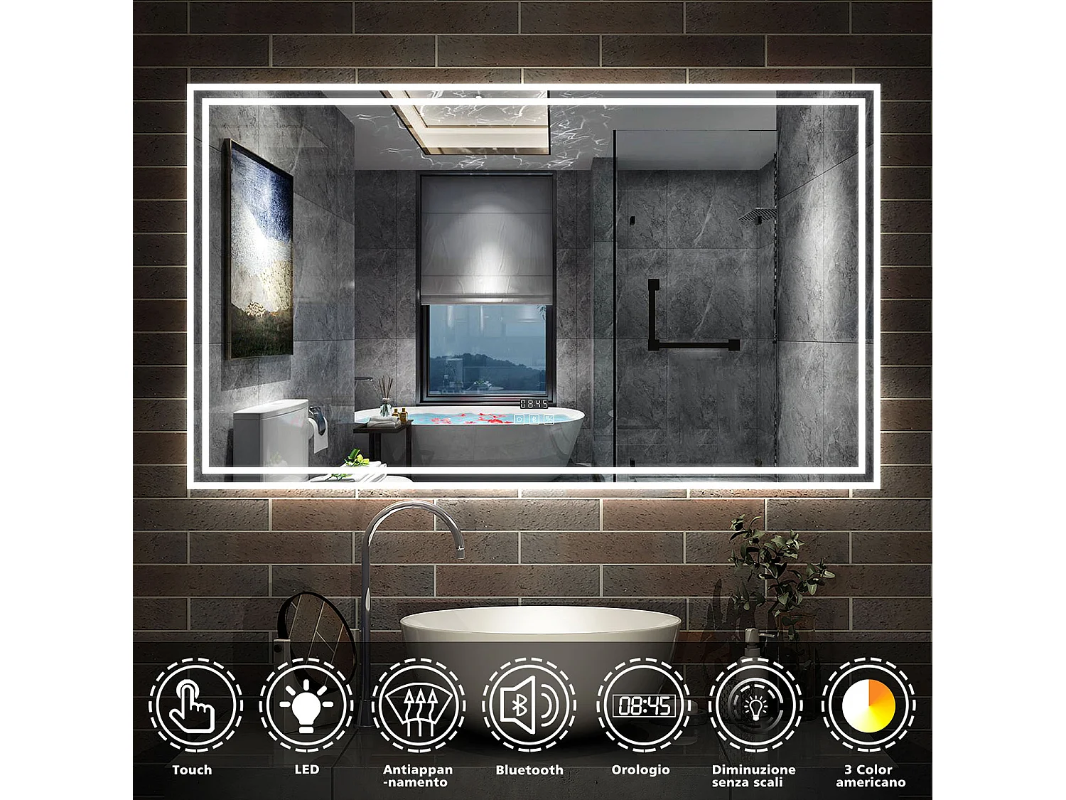Aica Specchio da bagno a LED, 140x80cm, Disappannamento, orologio, Bluetooth, 3 Temperature di Colore