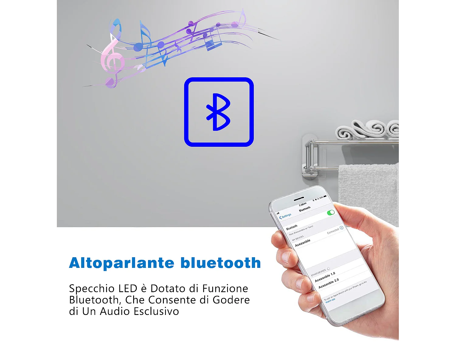 Aica Specchio da bagno a LED, 140x80cm, Disappannamento, orologio, Bluetooth, 3 Temperature di Colore