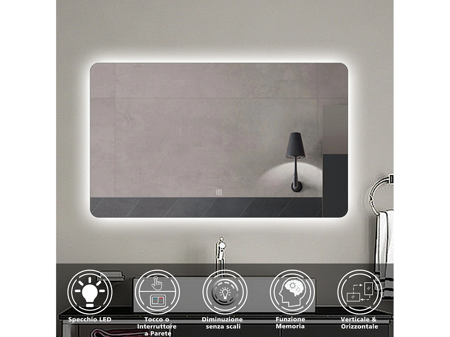 AICA Specchio da bagno Rettangolare con LED,90x60cm,Infinitamente Dimmerabile,Funzione Memoria,Per trucco makeup,Estetica Elegante