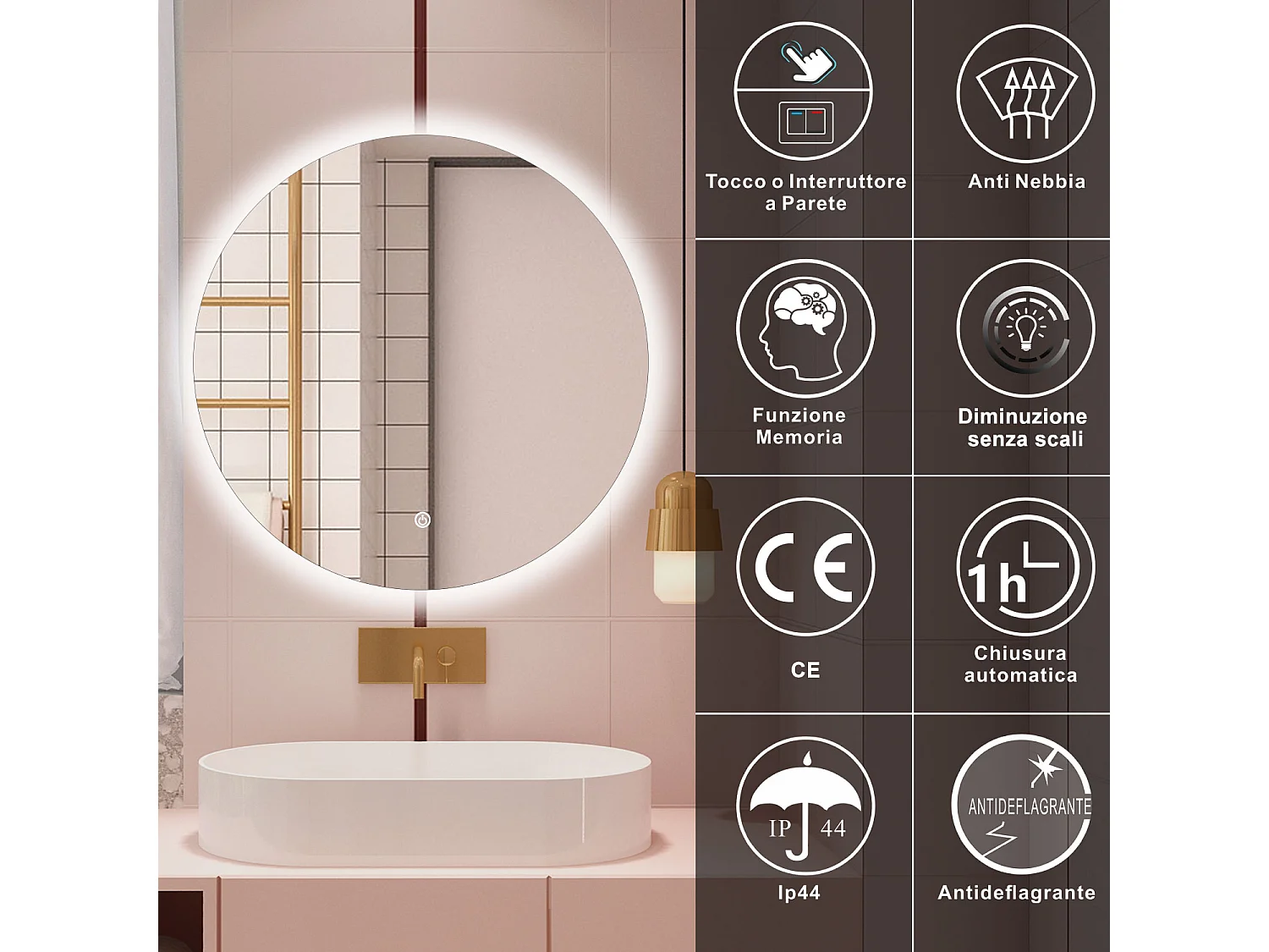 Aica 80x80cm Specchio da bagno a LED, Disappannamento, Funzione Memoria, Estetica Elegante