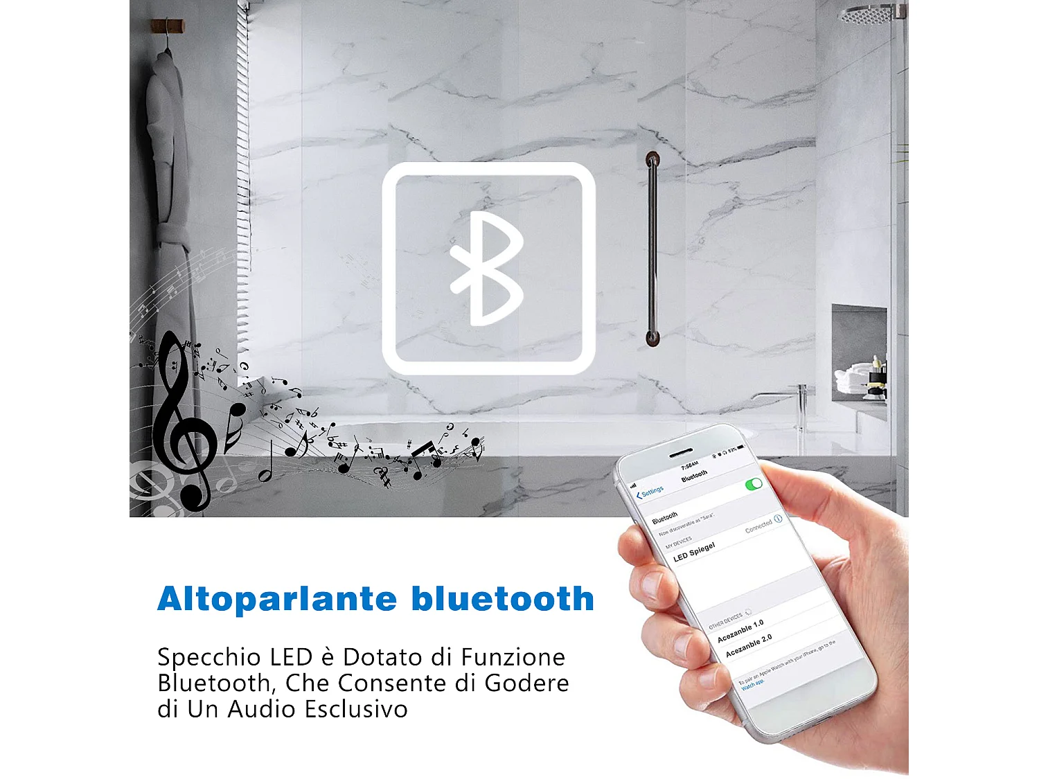 AICA Specchio da bagno rettangolare con LED,Bluetooth,orologio,3 Temperature di Colore,Disappannamento,140x80cm