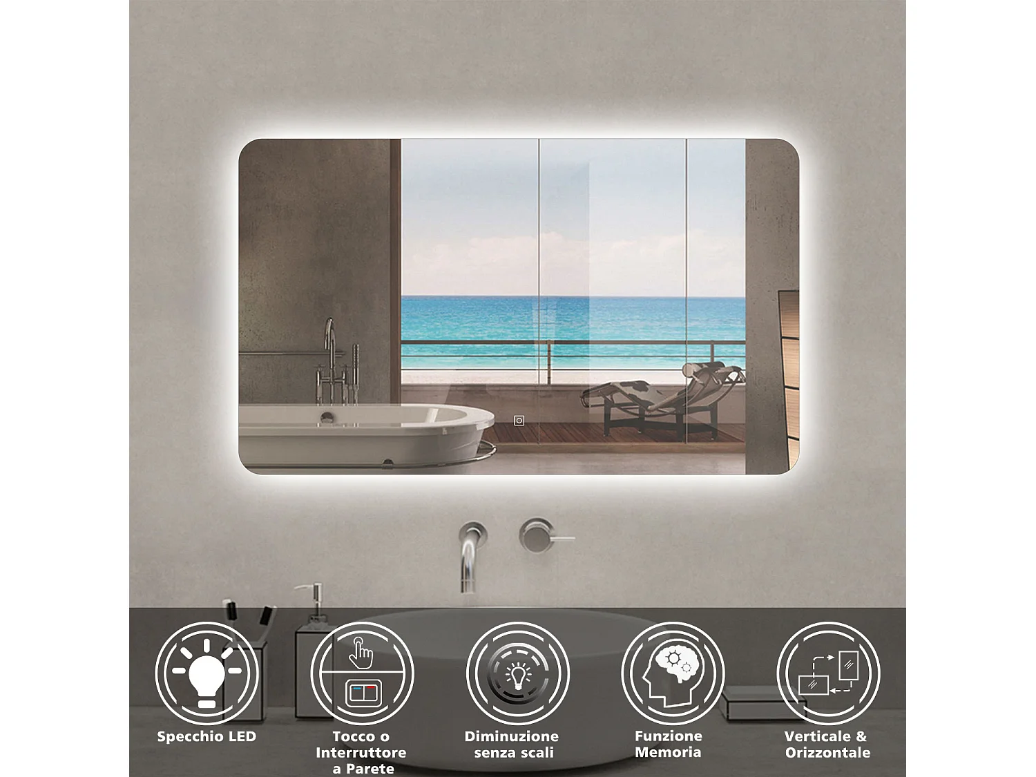 Aica Specchio da bagno a LED, 100x60cm, Infinitamente Dimmerabile, Funzione Memoria, Estetica Elegante