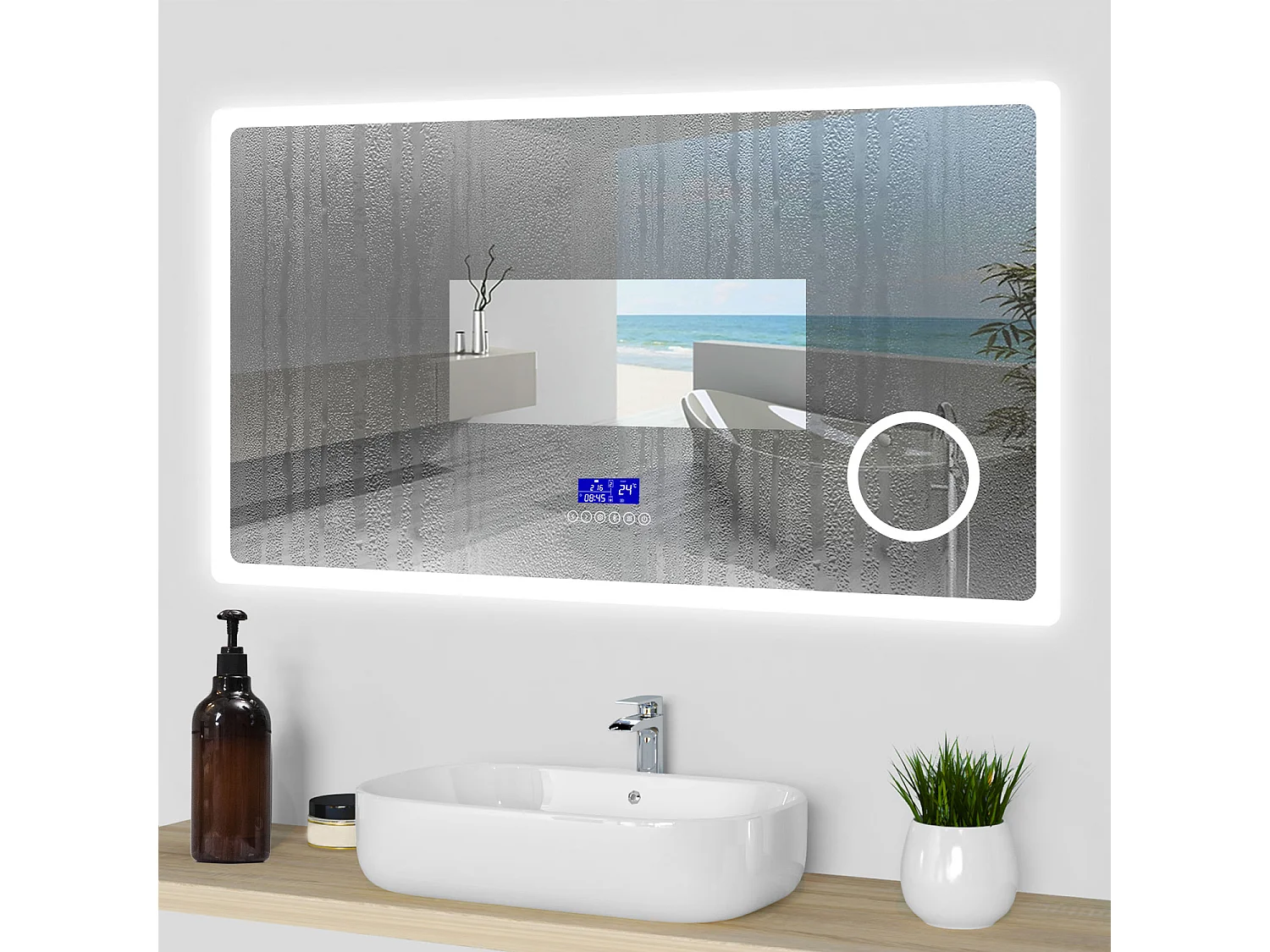 AICA Specchio da bagno rettangolare con LED,140x80cm,Bluetooth,Lente d'ingrandimento,Disappannamento