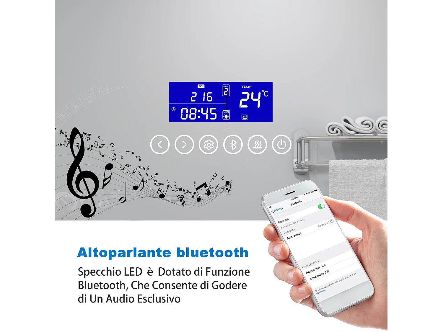 AICA Specchio da bagno rettangolare con LED,140x80cm,Bluetooth,Lente d'ingrandimento,Disappannamento