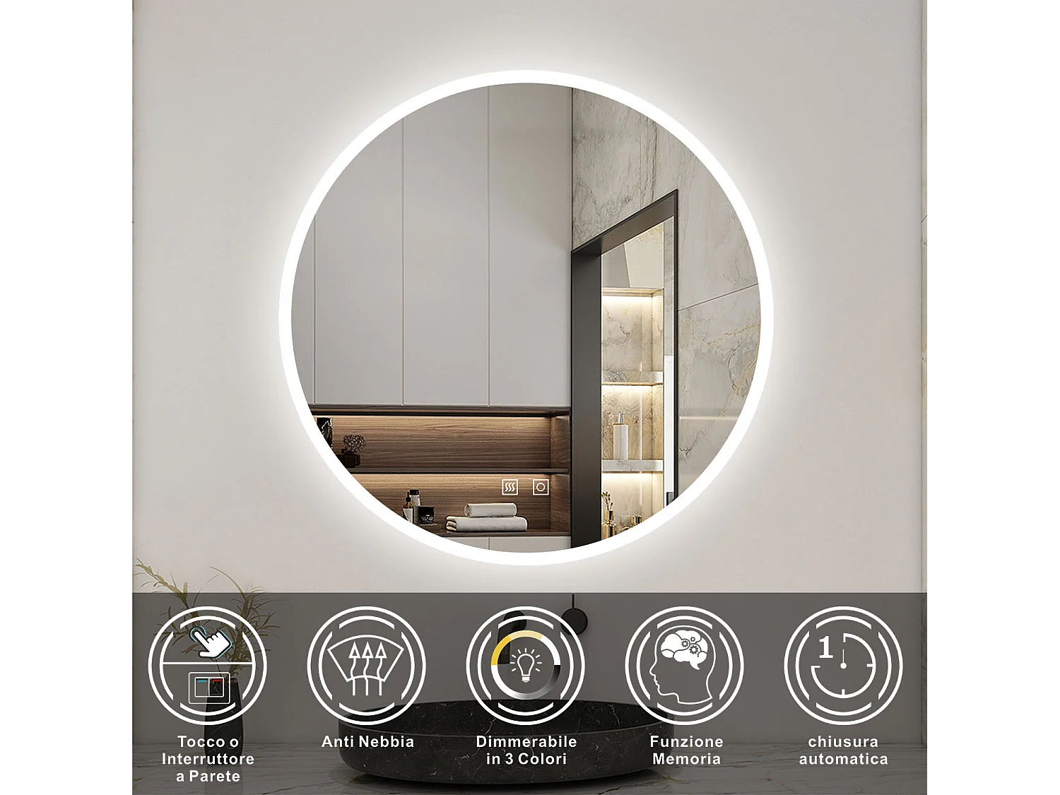 Aica Specchio da bagno a LED, Diametro 70cm, 3 Temperature di Colore, Funzione Antiappannamento, Moderno