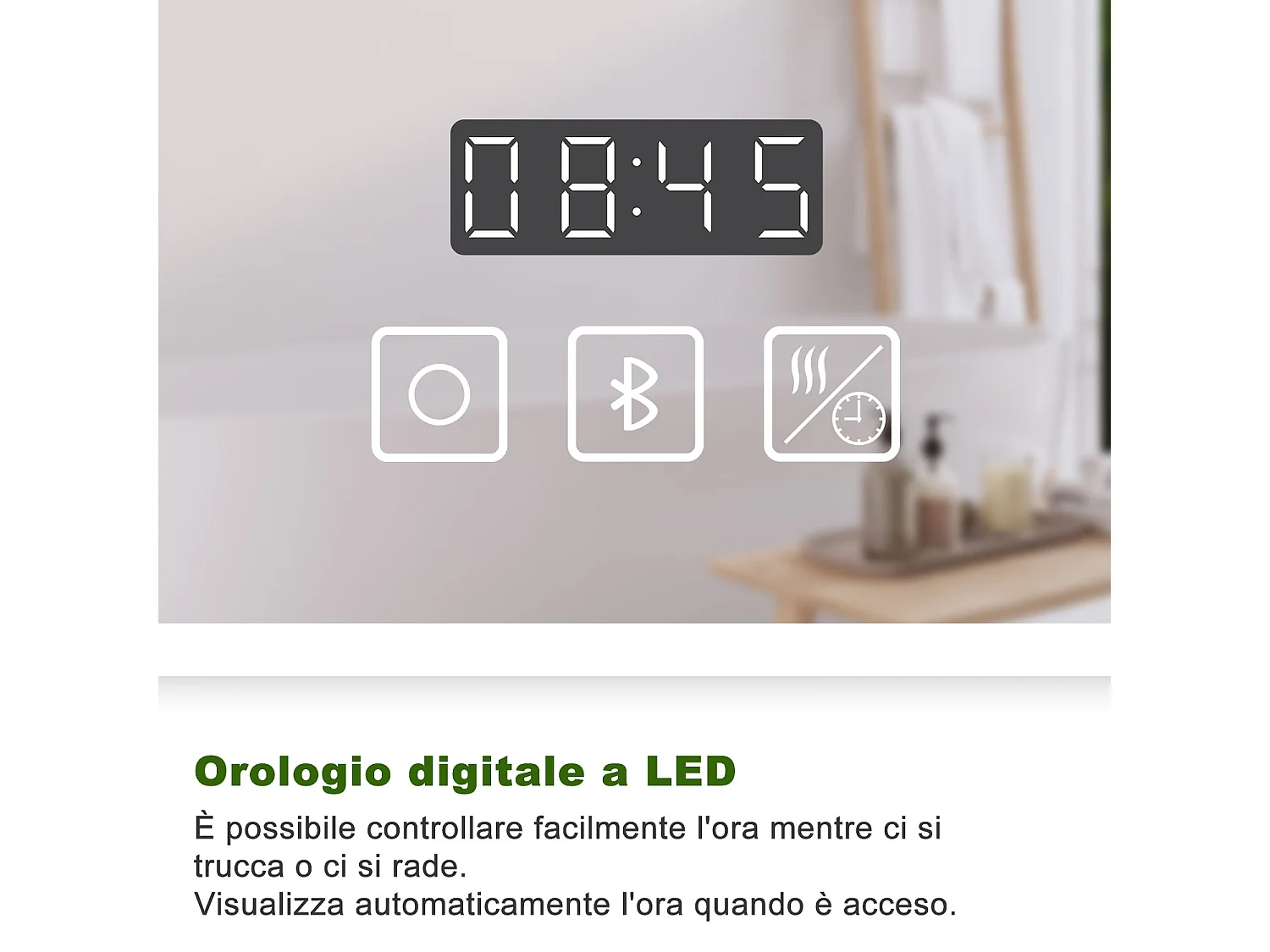 Aica Specchio da bagno a LED, 160x80cm, Disappannamento, orologio,Bluetooth, 3 Temperature di Colore