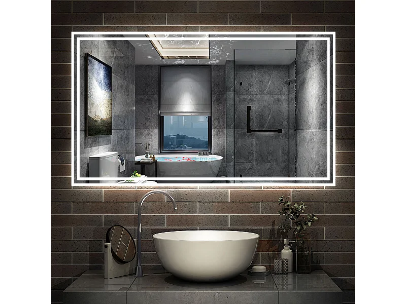Aica Specchio da bagno a LED, 160x80cm, Disappannamento, orologio,Bluetooth, 3 Temperature di Colore