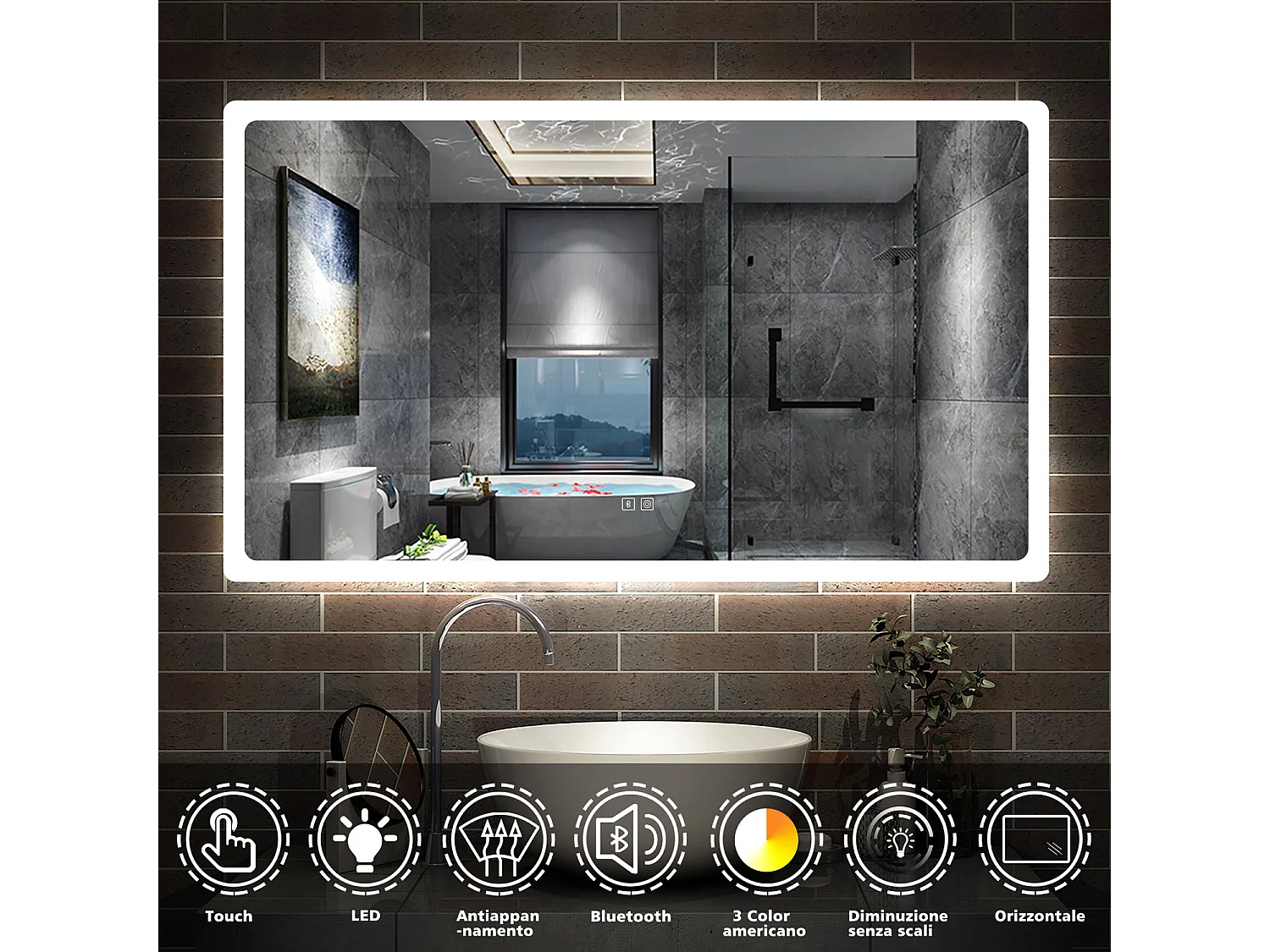 Aica Specchio da bagno a LED, 120x70cm, Bluetooth, 3 Temperature di Colore
