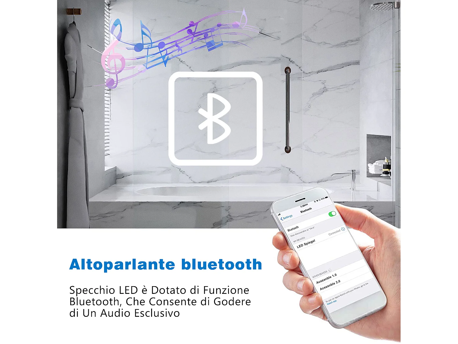 Aica Specchio da bagno a LED, 120x70cm, Bluetooth, 3 Temperature di Colore