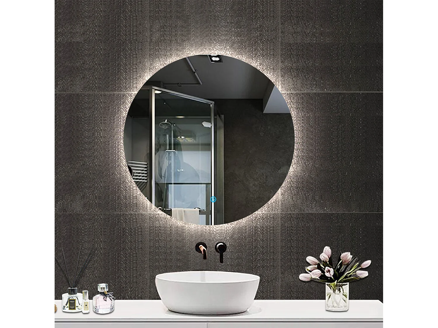 Aica Specchio da bagno a LED, Diametro 90cm, Disappannamento, Funzione Memoria, Estetica Elegante