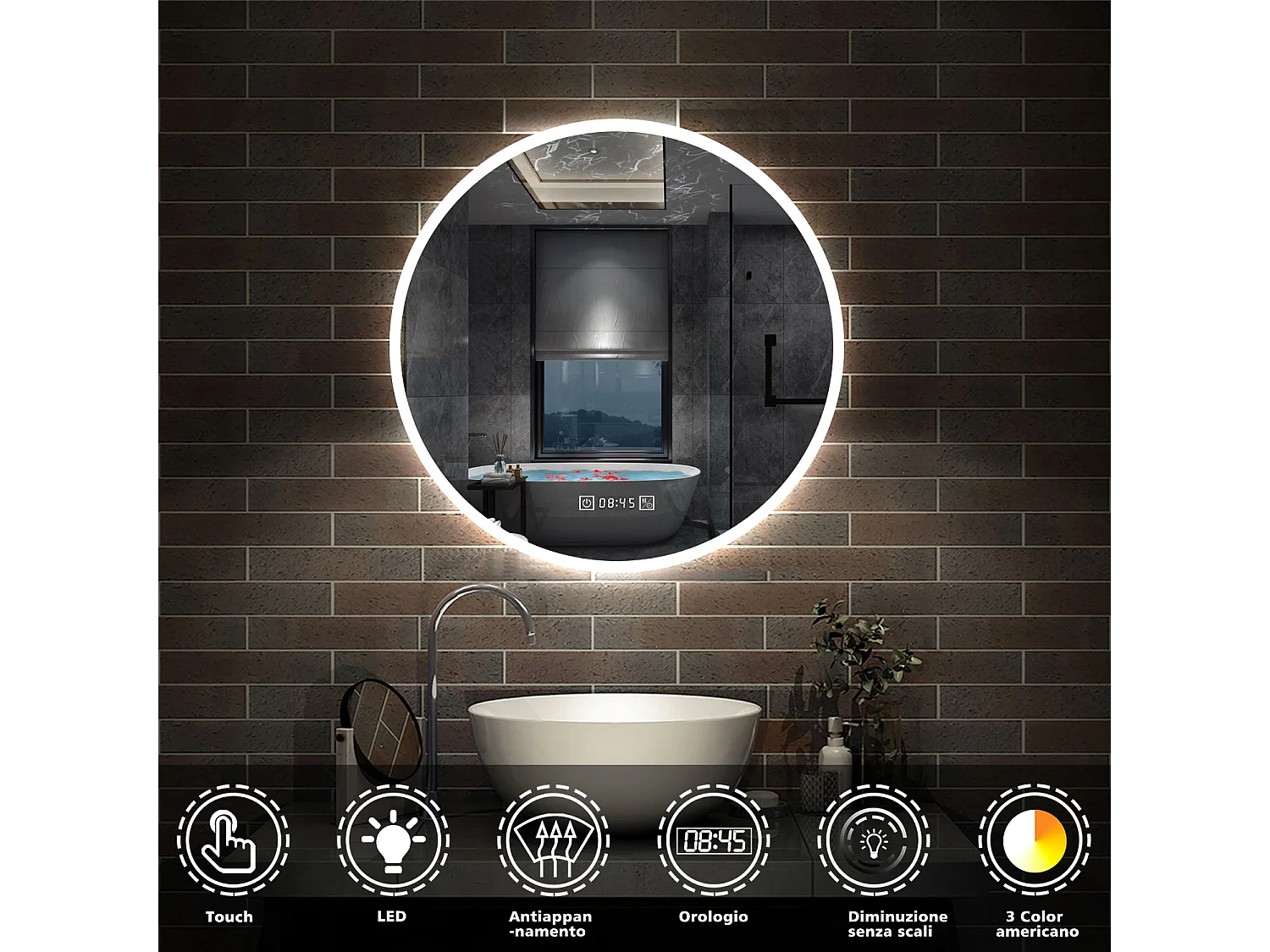 Aica Specchio da bagno a LED, Diametro 80cm, 3 Temperature di Colore, Funzione Antiappannamento, orologio