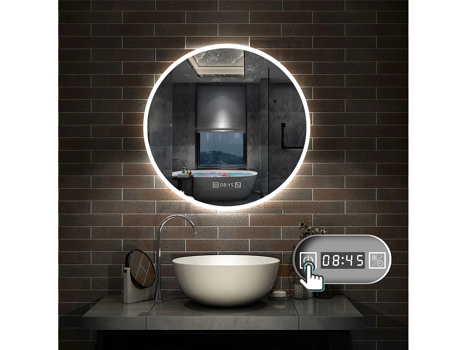 Aica Specchio da bagno a LED, Diametro 80cm, 3 Temperature di Colore, Funzione Antiappannamento, orologio