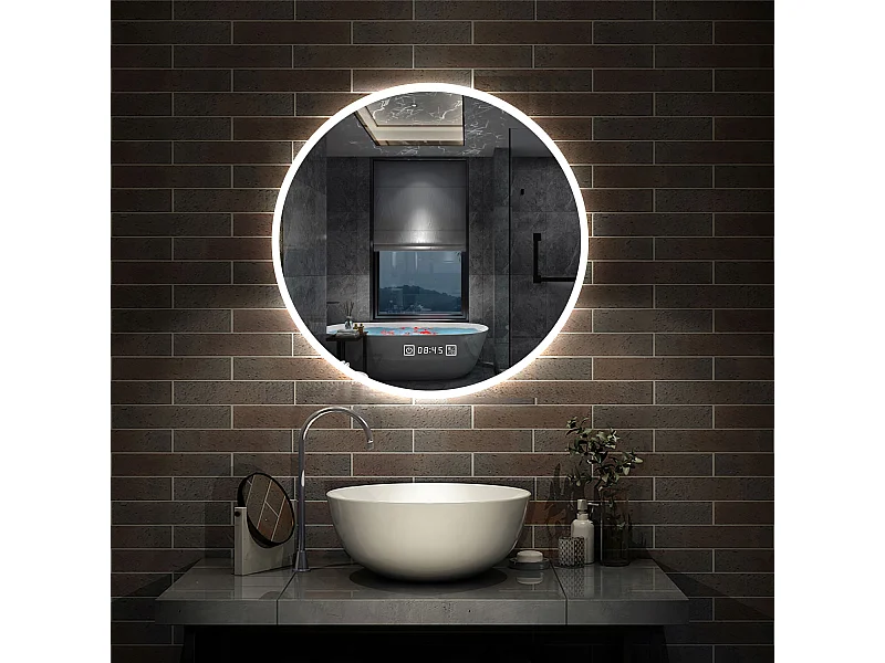 Aica Specchio da bagno a LED, Diametro 80cm, 3 Temperature di Colore, Funzione Antiappannamento, orologio