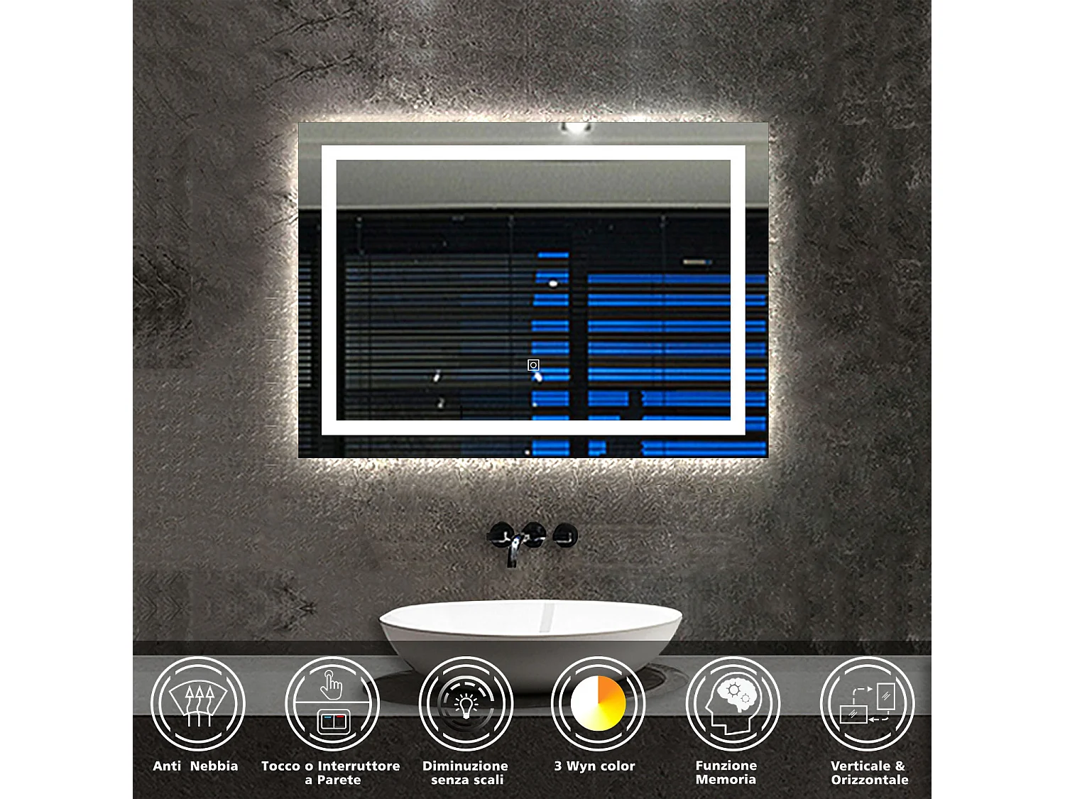 AICA Specchio da bagno rettangolare con LED,70x50cm,3 Temperature di Colore,Disappannamento,Funzione Memoria,Infinitamente Dimmerabile,IP44