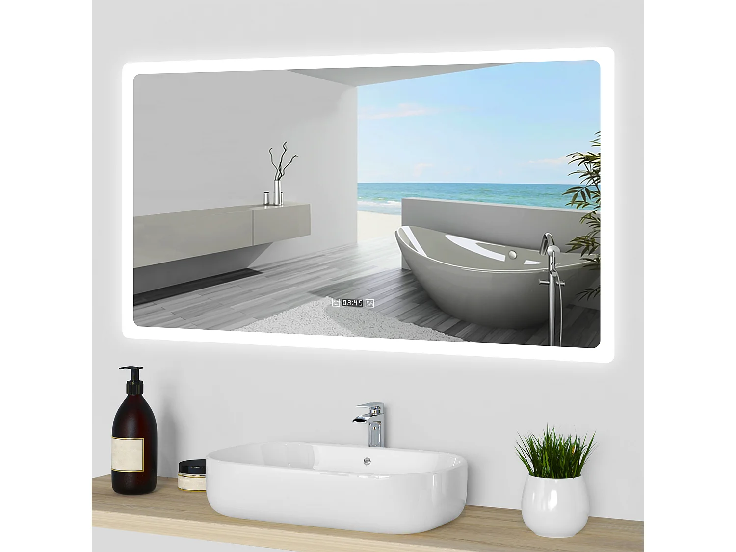 Aica Specchio da bagno a LED, 160x80cm, orologio, Disappannamento, 3 Temperature di Colore