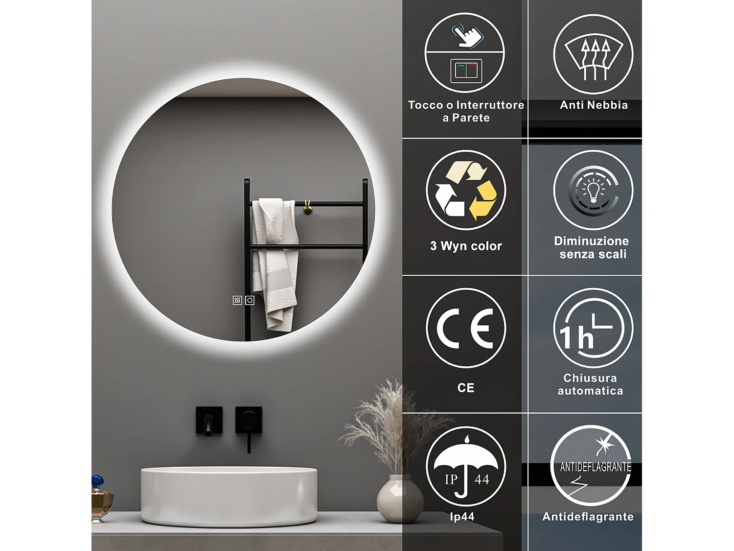 Aica 90x90cm Specchio da bagno a LED, 3 Temperature di Colore, Disappannamento, Retroilluminato