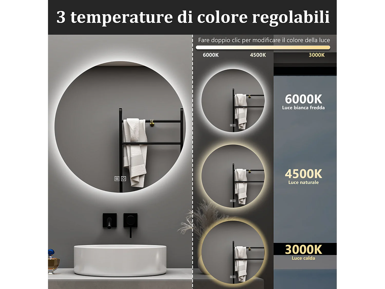 Aica 90x90cm Specchio da bagno a LED, 3 Temperature di Colore, Disappannamento, Retroilluminato